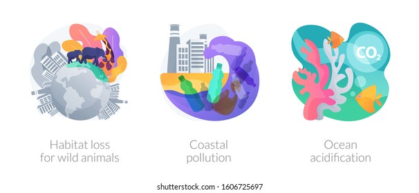 Biodiversity reducing, urbanization problem. Biological impact. Habitat loss for wild animals, coastal pollution, ocean acidification metaphors. Vector isolated concept metaphor illustrations