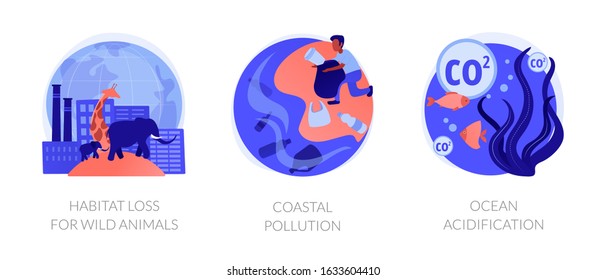 Biodiversity reducing, urbanization problem. Biological impact. Habitat loss for wild animals, coastal pollution, ocean acidification metaphors. Vector isolated concept metaphor illustrations