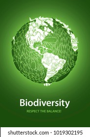 Biodiversity: respect the balance! Globe poster from american continent point of view. Easy to edit vector illustration, simple gradients, no transparencies. A2 format, with bleed area ready to print.