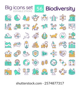 Biodiversity RGB color icons set. Species diversity. Ecosystem services. Environmental threats, food chains. Isolated vector illustrations. Simple filled line drawings collection. Editable stroke