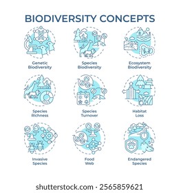 Biodiversity soft blue concept icons. Ecological balance. Habitat loss issues. Biological diversity types. Wildlife. Icon pack. Vector images. Round shape illustrations. Abstract idea