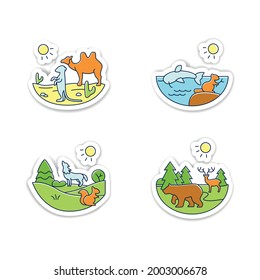 Biodiversity stickers icons. Desert, temperate forest, taiga forest, freshwater badge for designs. Biodiversity vector emblem
