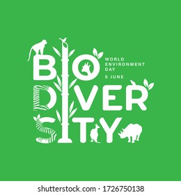 BIODIVERSITY typography design with green color for environment day event . june 5th