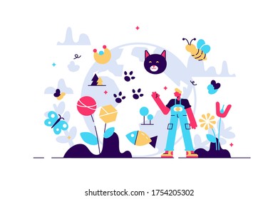 Biodiversity vector illustration. Flat tiny various wildlife persons concept. Mammals, birds, fishes and fauna life endangered conservation and retention. Earth climate awareness and habitat saving.