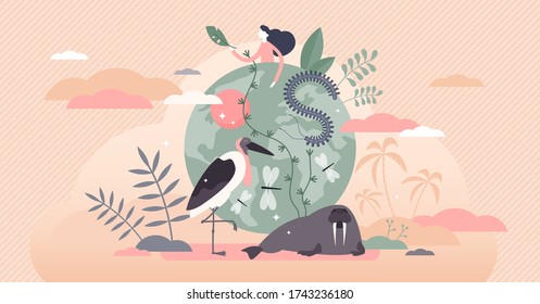 Biodiversity Vector Illustration. Various Wildlife Flat Tiny Person Concept. Mammals, Birds, Fishes And Fauna Life Endangered Conservation And Retention. Earth Climate Awareness And Habitat Saving.