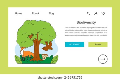 Biodiversity web banner or landing page. Fox, bird, beetle, and mushroom under a tree. Interconnected ecosystem. Wildlife and environment, flora and fauna. Animal habitat. Flat vector illustration