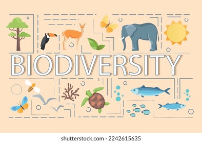 Biodiversity word concept. Poster or banner for website. Animals, insects, fish and plants, floristry and fauna, wild life. Elephant and toucan, algae and turtles. Cartoon flat vector illustration