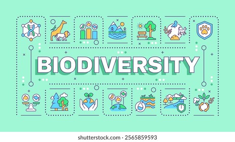 Biodoversity light green word concept. Species diversity, ecosystem services. Environmental balance. Typography banner. Vector illustration with title text, editable icons color