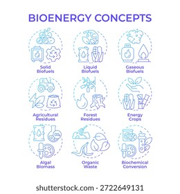Iconos de concepto de gradiente azul de bioenergía. Producción de biocombustibles, residuos agrícolas. Cultivos energéticos. Paquete de iconos. Imágenes vectoriales. Ilustraciones de forma redonda para el artículo, folleto. idea Abstractas