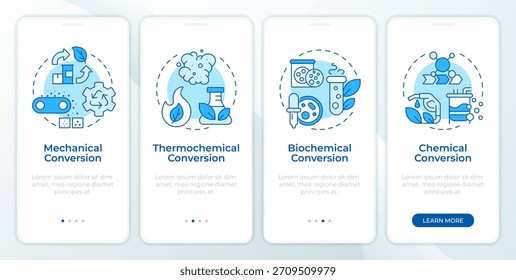 Conversión de bioenergía pantalla de App móvil de incorporación azul. Instrucciones gráficas editables de 4 pasos con conceptos lineales. UI, UX, GUI