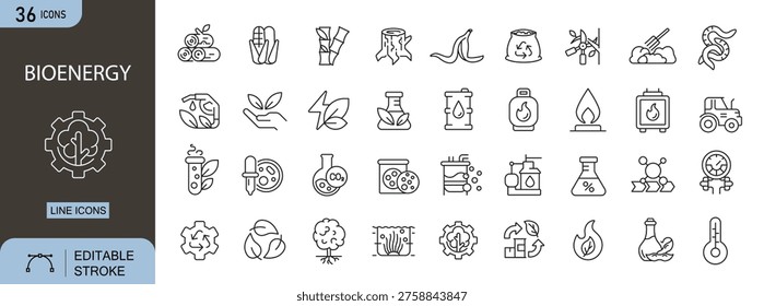 Bioenergy icons set representing renewable energy, biomass, sustainability, green power, eco resources and environmental energy solutions. Editable Stroke.