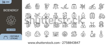 Bioenergy icons set representing renewable energy, biomass, sustainability, green power, eco resources and environmental energy solutions. Editable Stroke.