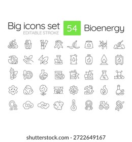 Bioenergy line icons set. Renewable energy, production processes. Environmental impact. Waste management. Isolated vector outline illustrations. Thin lineart iconset symbols. Editable stroke