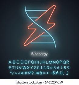 Bioenergy neon light icon. Biofuel. Organic matter for producing renewable energy. Converting biomass into electricity. Glowing sign with alphabet, numbers and symbols. Vector isolated illustration