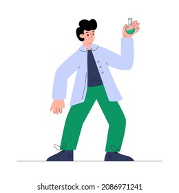 Bioengineer or biologist scientist with lab flask conducting researches, flat cartoon vector illustration isolated on white background. Bioengineer expert or specialist.