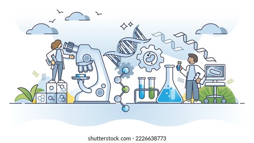 Bioengineering Beruf und biochemische Forschung arbeiten Rahmenkonzept. Biotechnologie und genetische Forschung mit DNA-Laborvektorgrafik. Technologieexperimente in der Gesundheitsmedizin.