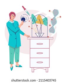 Bioengineer scientist working on plant DNA and improving nutrition values. Biotechnology of genetic bioengineering, plants researches for medicine and agriculture, flat vector illustration isolated.