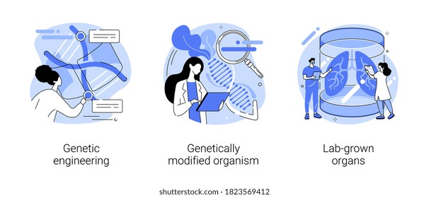 Bioengineering abstract concept vector illustration set. Genetic engineering, genetically modified organism, lab-grown organs, dna manipulation, stem cells, transplantation abstract metaphor.