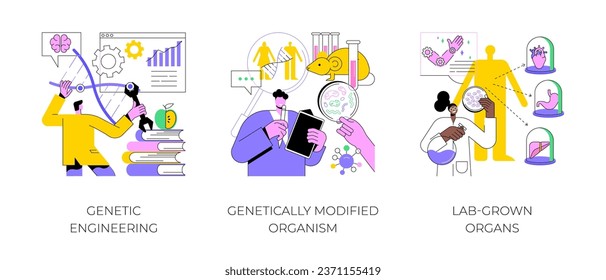 Bioengineering abstract concept vector illustration set. Genetic engineering, genetically modified organism, lab-grown organs, dna manipulation, stem cells, transplantation abstract metaphor.