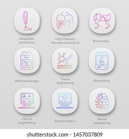 Bioengineering app icons set. Biotechnology. Molecular biology, biomedical and molecular engineering, bioinformatics. UI/UX user interface. Web or mobile applications. Vector isolated illustrations