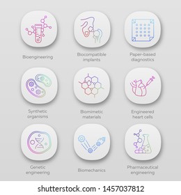Bioengineering app icons set. Biotechnology. Molecular biology, biomedical and molecular engineering. UI/UX user interface. Web or mobile applications. Vector isolated illustrations