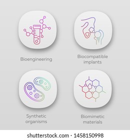 Bioengineering app icons set. Biotechnology. Biochemistry, GMO, implantation. UI/UX user interface. Web or mobile applications. Vector isolated illustrations