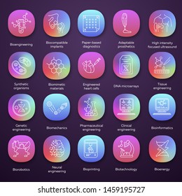 Bioengineering app icons set. Biotechnology. Diagnosis and treatment, genetic engineering, artificial intelligence. UI/UX user interface. Web or mobile applications. Vector isolated illustrations