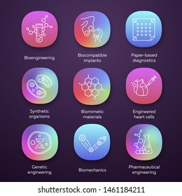 Bioengineering app icons set. Biotechnology. Molecular biology, biomedical and molecular engineering. UI/UX user interface. Web or mobile applications. Vector isolated illustrations