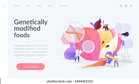 Bioengineering, biotechnology. Food additives. Genetic engineering. Genetically modified foods, GM foods, genetically engineered foods concept. Website homepage header landing web page template.