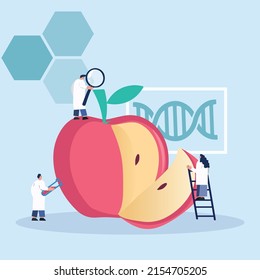 Bioengineering, biotechnology. Food additives. Genetic engineering. Genetically modified foods, GM foods, genetically engineered foods concept. Vector isolated concept creative illustration.