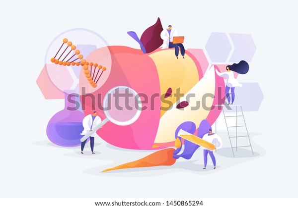 Bioengineering, biotechnology. Food\
additives. Genetic engineering. Genetically modified foods, GM\
foods, genetically engineered foods concept. Vector isolated\
concept creative\
illustration