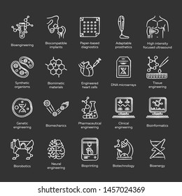Bioengineering chalk icons set. Biotechnology for health and comfort. New methods of diseases diagnosis and treatment, genetic engineering, ai. Isolated vector chalkboard illustrations