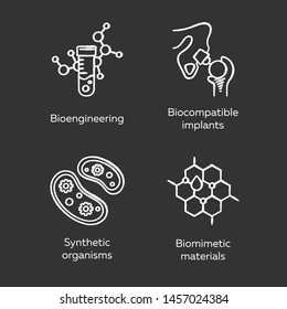 Bioengineering chalk icons set. Biotechnology for health, evolutionary researching, new materials creating. Biochemistry, GMO, implantation. Isolated vector chalkboard illustrations