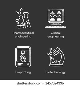 Bioengineering chalk icons set. Medical technologies research and diseases treatment. Pharmaceutical and clinical engineering, bioprinting, biotechnology. Isolated vector chalkboard illustrations
