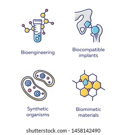 Bioengineering color icons set. Biotechnology for health, evolutionary researching, new materials creating. Biochemistry, GMO, implantation. Isolated vector illustrations