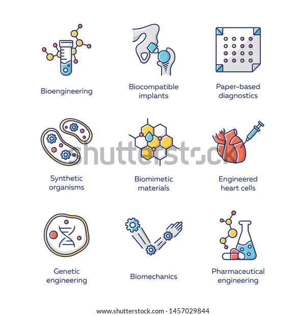 Bioengineering color icons set.\
Biotechnology for health, evolutionary researching, new materials\
creating. Molecular biology, biomedical and molecular engineering.\
Isolated vector\
illustrations