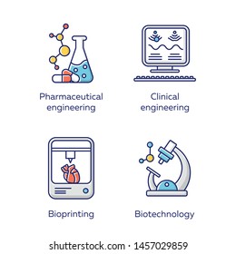 Bioengineering color icons set. Medical technologies research and diseases treatment. Pharmaceutical and clinical engineering, bioprinting, biotechnology. Isolated vector illustrations