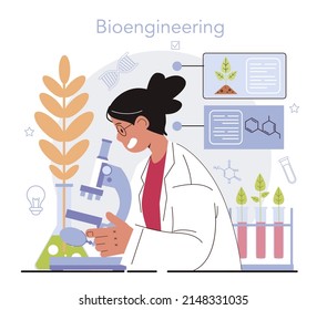 Bioengineering concept. Biotechnology for food engineering. Scientist study, modify and control biological systems. Cultured meat and vegetables. Flat vector illustration