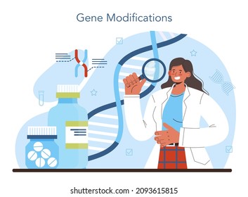 Bioengineering concept. Biotechnology, gene therapy and research. Scientist study, modify and control biological systems. Medical biological engineering. Flat vector illustration