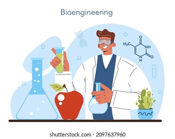 Bioengineering Concept. Biotechnology, Gene Therapy And Research. Scientist Study, Modify And Control Biological Systems. Medical Biological Engineering. Flat Vector Illustration