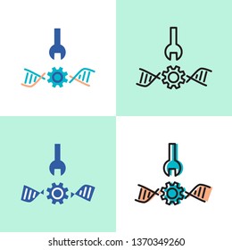Bioengineering concept icon set with dna spiral and gear in flat and line styles