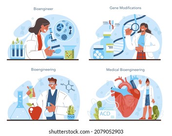 Bioengineering concept set. Biotechnology, gene therapy and research. Scientist study, modify and control biological systems. Medical biological engineering. Flat vector illustration