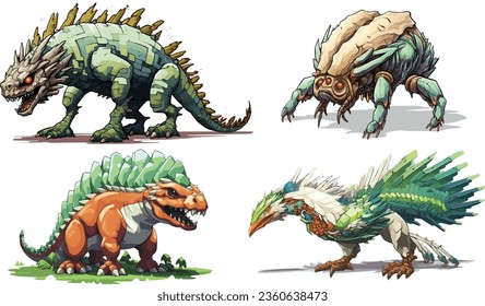 Bio-Ingeniería Creatura Monstruo en 2D RPG Gaming Style Set of Vector