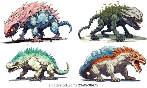 Bio-Engineering Creature Monster Boss in 2D RPG Gaming Style Set of Vector