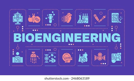 Concepto de palabra púrpura oscuro de bioingeniería. La ingeniería genética. Dispositivos médicos. ADN. Bioinformática. Comunicación visual. Arte vectorial con texto de letras, iconos de pictograma editables