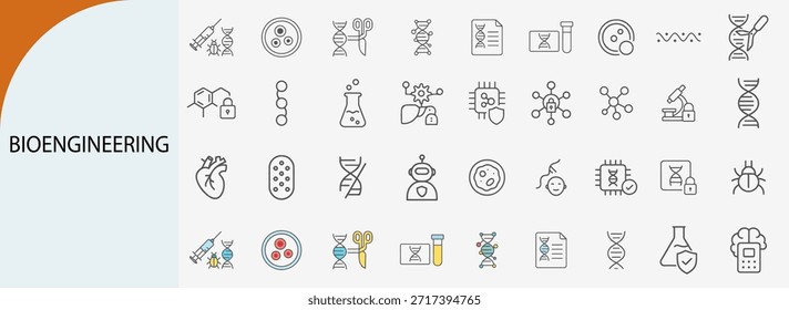 bioengineering and genetic research line icon set, biotechnology and DNA engineering symbols, flat vector illustration