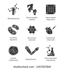 Bioengineering glyph icons set. Biotechnology for health, researching, materials creating. Molecular biology, biomedical and molecular engineering. Silhouette symbols. Vector isolated illustration