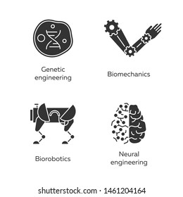 Bioengineering glyph icons set. Changing and creating organisms. Genetic engineering, biomechanics, biorobotics, neural engineering. Biotechnology. Silhouette symbols. Vector isolated illustration