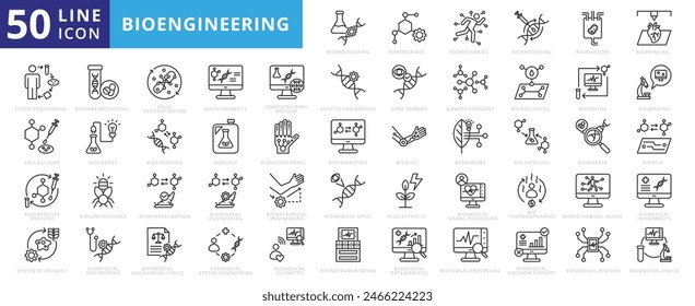 Bioengineering icon set with biomaterials, biomechanics, bioprocessing, bioreactors, bioprinting and biopharmaceutical.