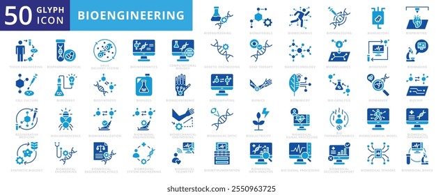 Bioengineering icon set of biomedical, bioluminescence, model, mineral, pharmaceutical, device, mechanical, computing, nanotechnology, data analysis, ethics, processing, imaging, genetic engineering